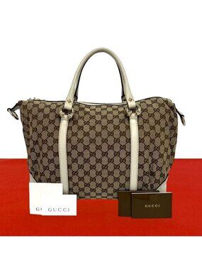 Gucci GG Pattern Horse Shoe Canvas Leather Boston Bag Brown White
